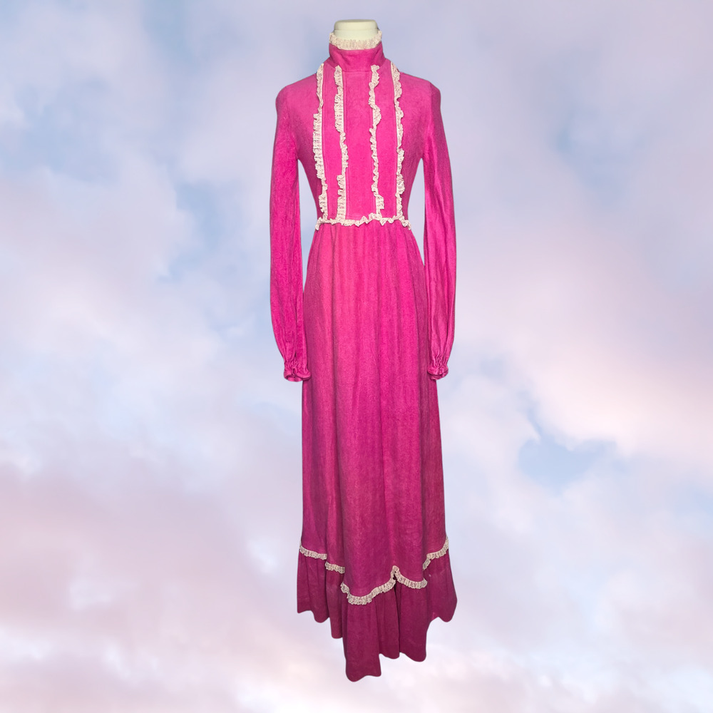 Vtg 60s Handmade Hot Pink Terry Cloth White Lace Prairie Cottage Maxi Dress Gown
